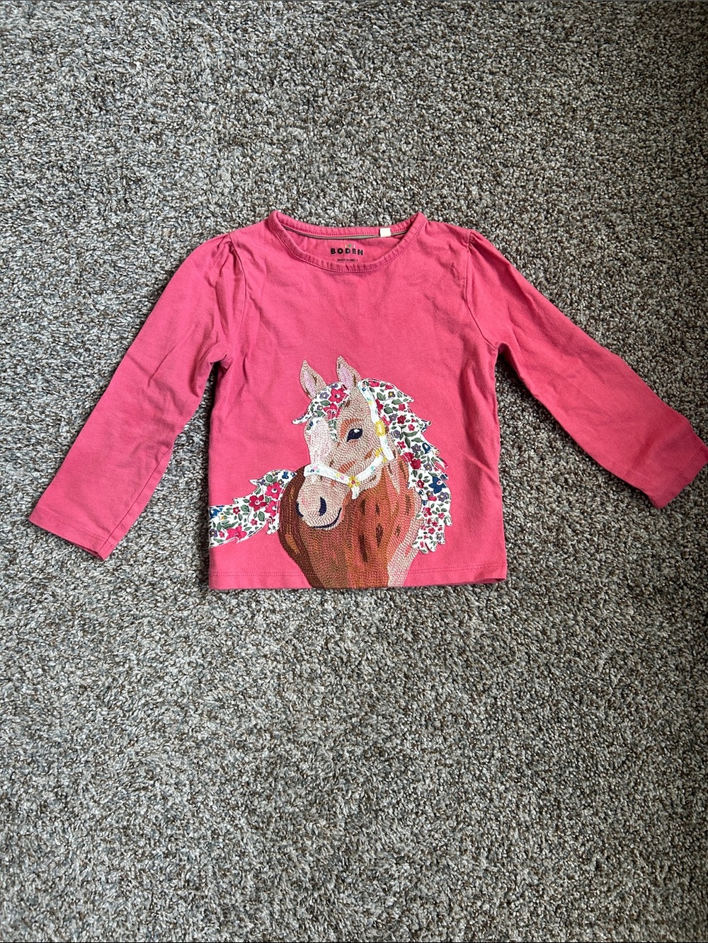Mini Boden Pink Long Sleeve Tee with Floral Horse Graphic
